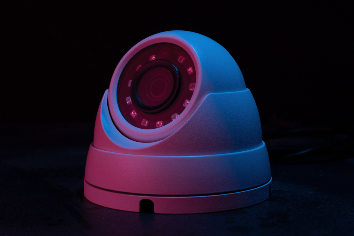 Home Security Camera In Charleston Highlighted by blue and red light